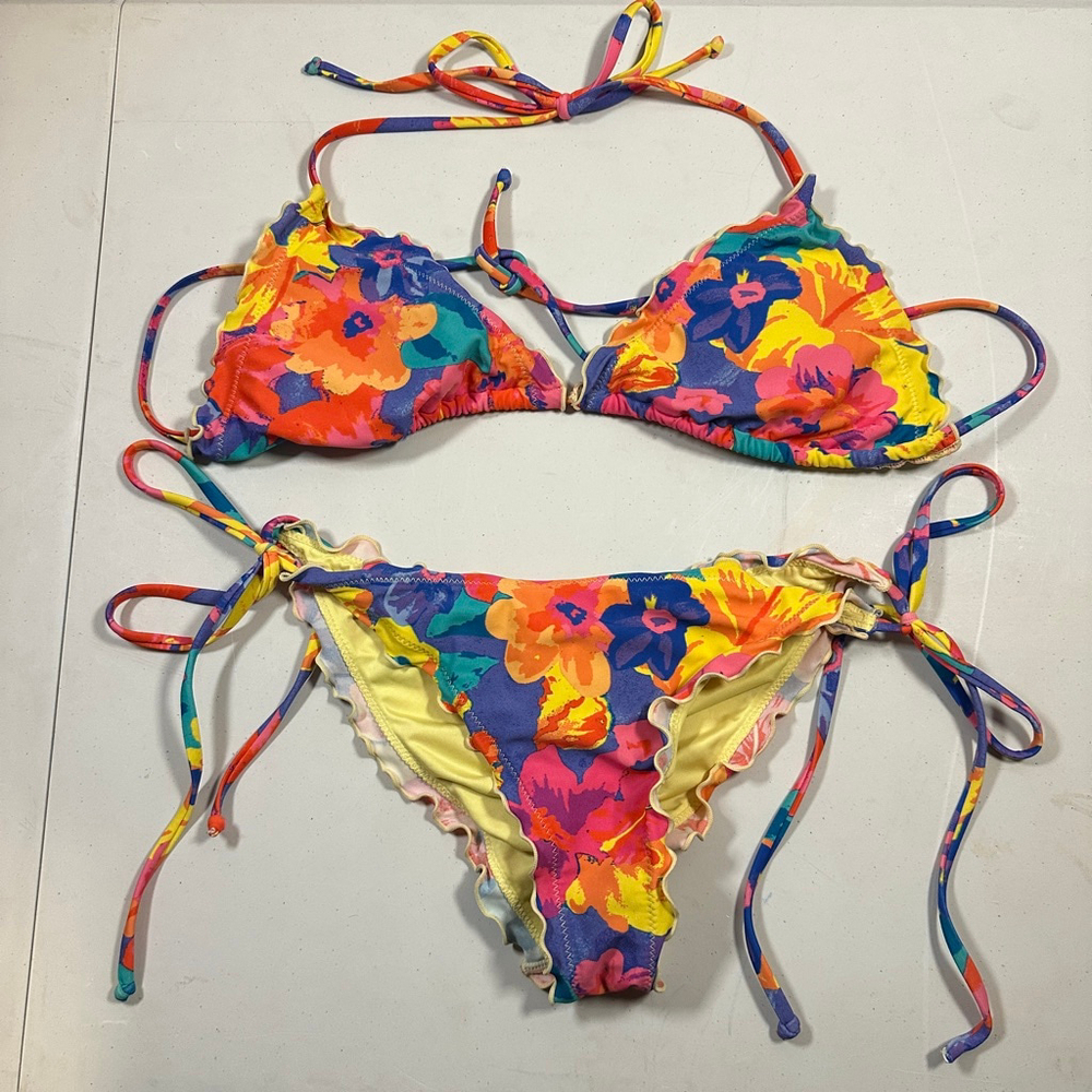 Women’s RELLECIGA Floral Bikini Swimsuit M Ruffle Triangle Tie Ruched